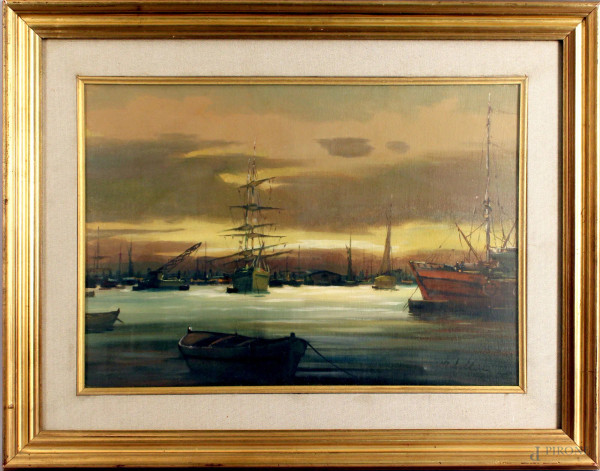 Giacomo  Tabellini - Scorcio di porto con imbarcazioni, olio su tela, cm. 35x50, entro cornice.