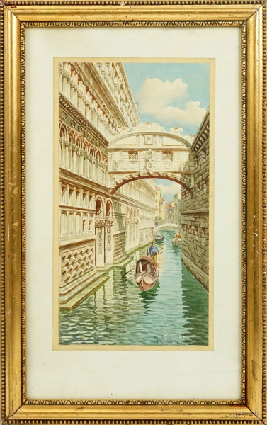 Scorcio di Venezia, acquarello su carta, cm 33x18, firmato, entro cornice.