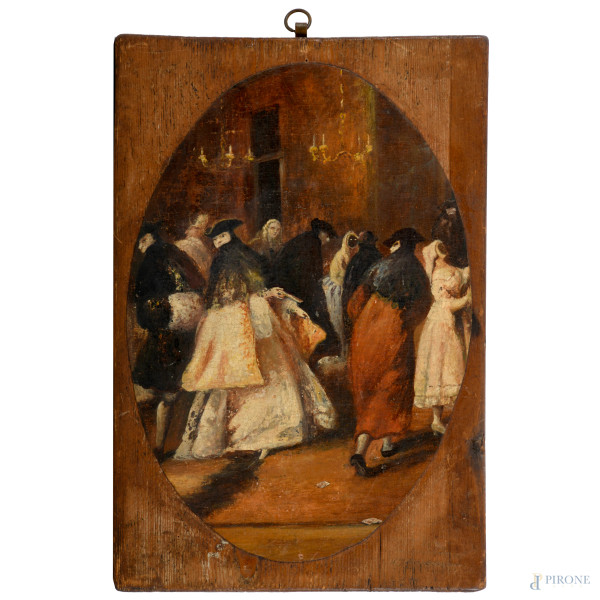 Il ballo in maschera, olio su tavola ovale applicato su tavola, XIX-XX secolo, misure complessive cm 31x21, (difetti)