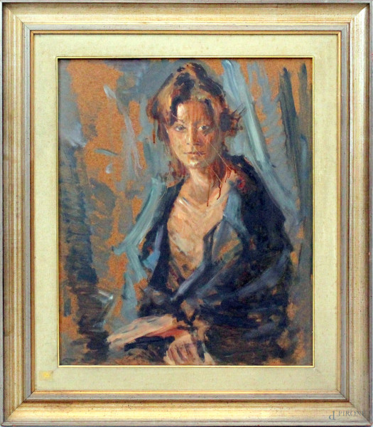 Ritratto femminile, olio su masonite, cm 58,5x48, XX secolo, entro cornice.