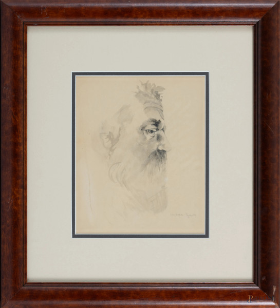 Profilo di uomo con barba, XX secolo, tecnica mista su carta, cm 19x15,5, firmato in basso a destra, entro cornice