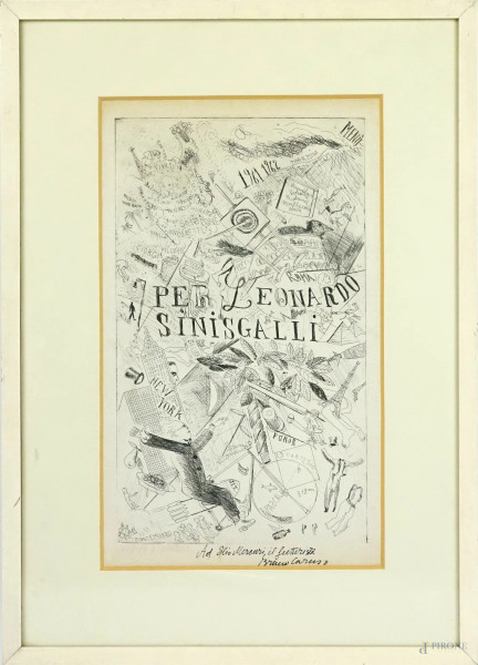 Bruno Caruso - Per Leonardo Sinisgalli, multiplo su carta, cm 37x22, entro cornice.