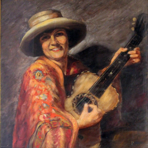 Ritratto di donna con chitarra, olio su masonite, 71x80 cm, entro cornice
