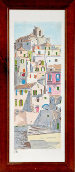 Aldo Riso (Santa Maria di Leuca, 1928 – Roma, 2008), Paese del mare, litografia acquerellata a mano, firmato in basso a sinistra, cm 80x30 entro cornice, (difetti)