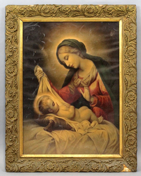 Stampa a colori raffigurante la Madonna del Velo di Carlo Dolci, cm 69x50, XX secolo, entro cornice, (difetti)