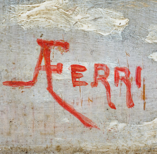 Coppia di dipinti raffiguranti due cervi entro un paesaggio innevato, olio su tavola, firmati A. ...