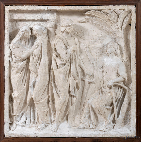 Altorilievo in gesso raffigurante scena biblica, XX secolo, cm 71,5x70,5, entro cornice, (scalfiture, segni di usura, rotture, difetti)