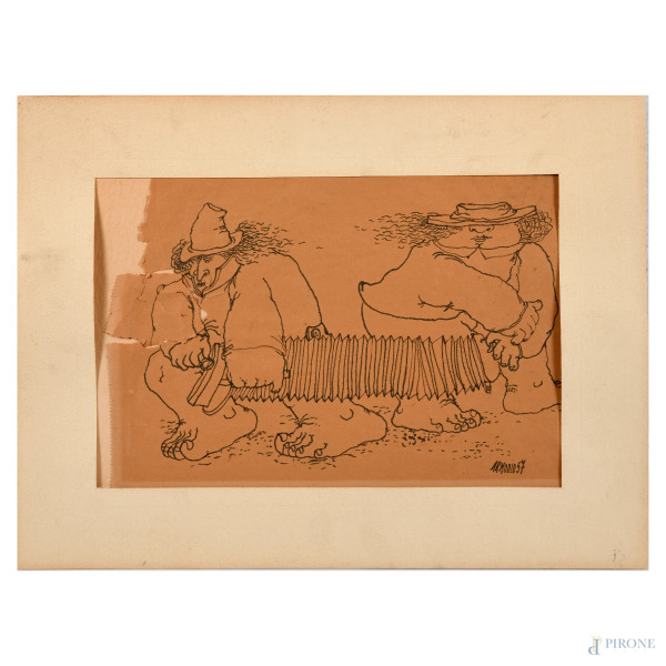 Figure, china su carta, cm 21x30, firmato e datato 57, (gravi difetti, rotture, mancanze)