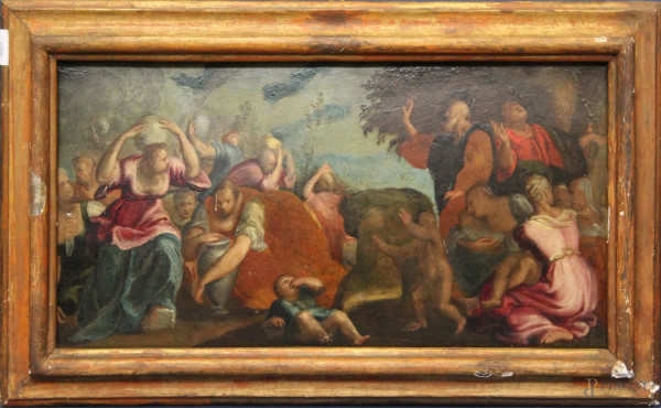 Scena biblica, olio su tavola cm 31 x 61, XVII sec,entro cornice.