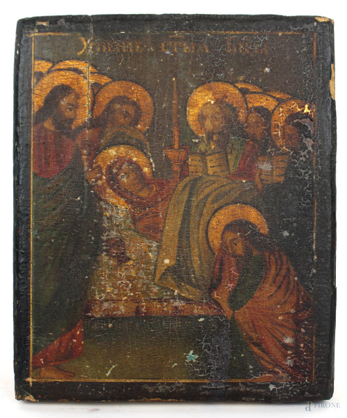 Icona raffigurante Dormitio Verginis, olio su tavola, cm 21,5x18, inizi XX secolo, (difetti e cadute di colore).