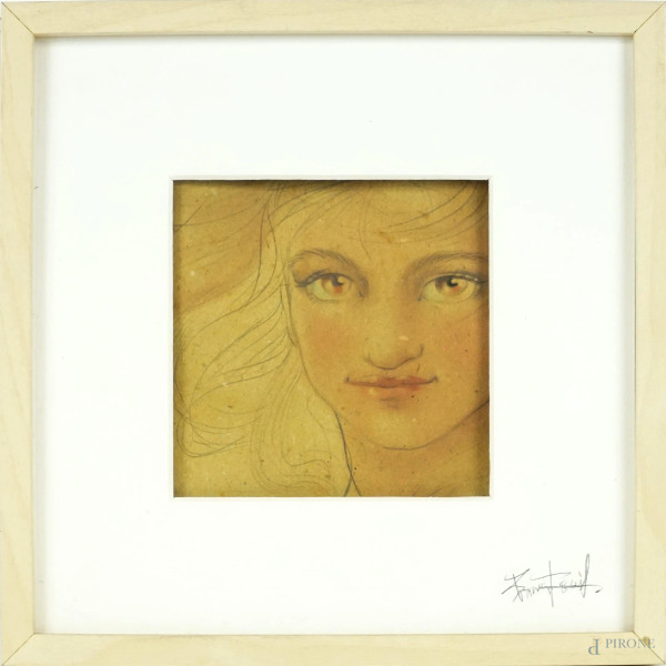Volto di donna, tecnica mista su carta, cm 11,5x11,5, XX secolo, entro cornice.