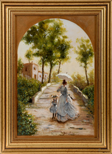 La passeggiata, olio  e smalto su tela applicata su tavoletta, XX secolo, cm 25x17 entro cornice, (difetti)