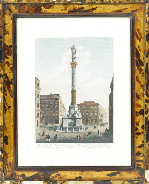 Incisione a colori rappresentante il "Monumento della Immacolata Concezione eretto da Pio IX sulla piazza di Spagna", sec. XIX, cm 22,5x29,5, entro cornice. (Difetti)