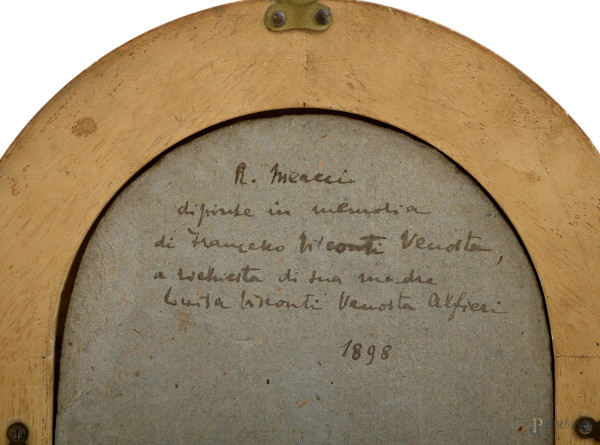 Fons Pacis, tecnica mista su cartone pressato centinato, cm 28x14, firmato in basso, al retro fir...