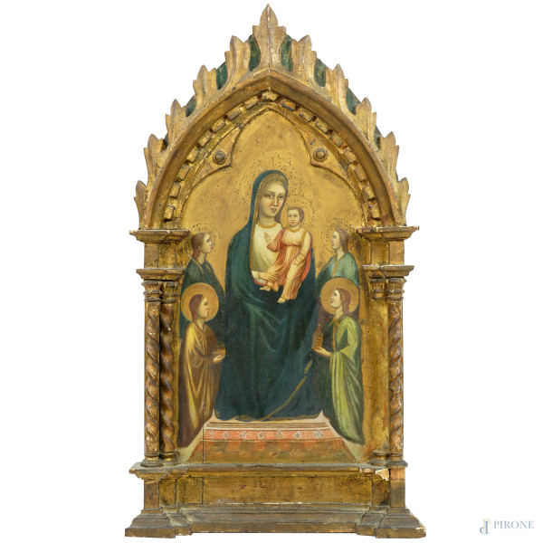 Pittore del XIX-XX secolo, Madonna con il Bambino e santi, olio su tavola, cm 68x36,5 (difetti)