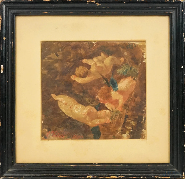 Putti, acquerello su carta, firmato e datato 1880, cm 27,2x26,2, entro cornice