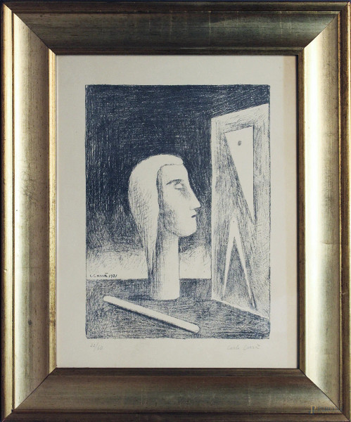 Paesaggio con testa e strumenti, grafica 45x35 cm, firmata Carrà, 22/60.