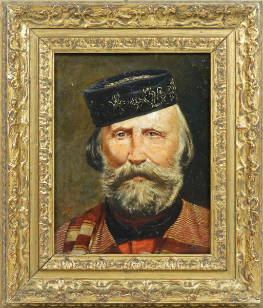 Ritratto di Giuseppe Garibaldi, olio su tavola, siglato in basso a sinistra, XIX-XX secolo, cm 29x22, entro cornice