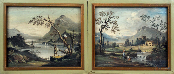 Coppia di paesaggi fluviali con figure, olio su tavola, cm 27x32, XX secolo, entro cornici.