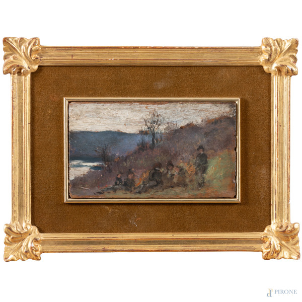 In riva al fiume, XIX secolo, olio su tavoletta, cm 7x12, entro cornice, (segni di usura, cadute di colore)