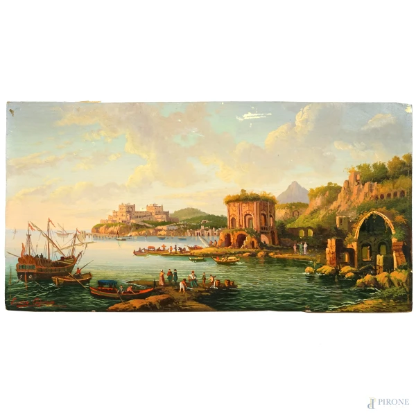 Veduta di Baia, olio su tavoletta, firmato in basso a sinistra Enrico Capuano, cm 12,4x24 (lievi cadute di colore)