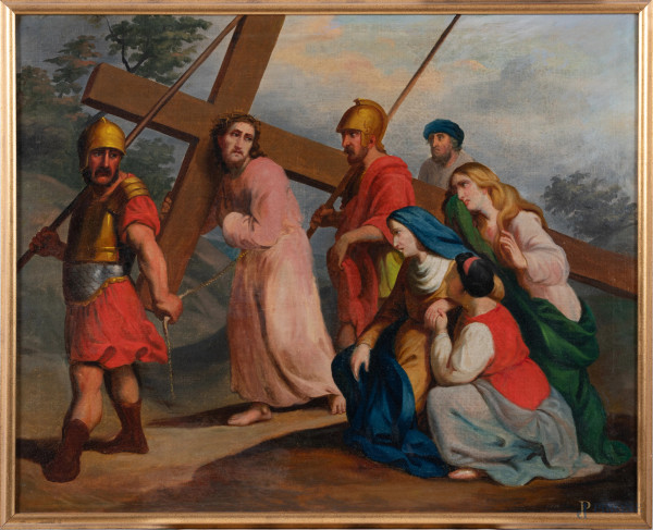 Gesù incontra sua Madre, XVIII secolo, olio su tela, cm 80x100, entro cornice, (segni di battitura del telaio, lievi abrasioni)