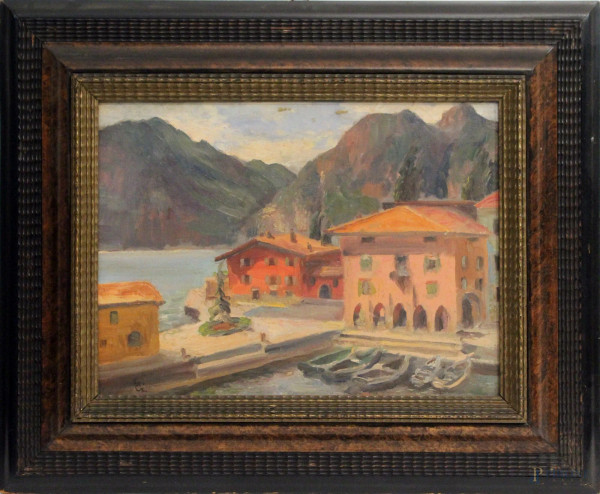 Lago montano, dipinto olio su cartone telato, cm. 20x40, siglato, entro cornice.