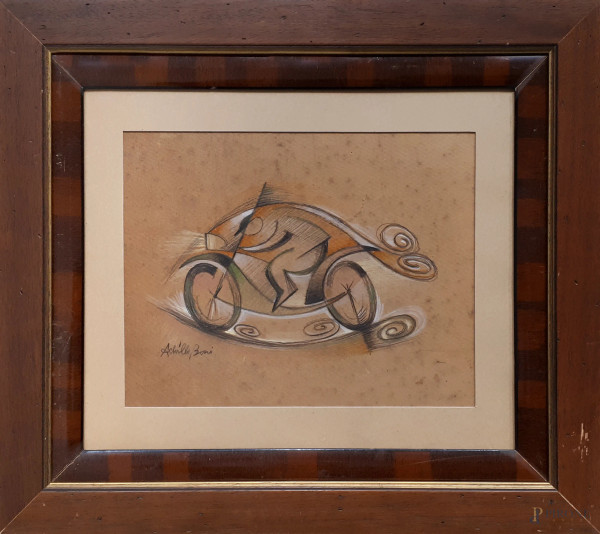 Achille Boni (XX sec.) Velociclo futurista, tecnica mista su cartone, cm 24x31, firmato, con cornice