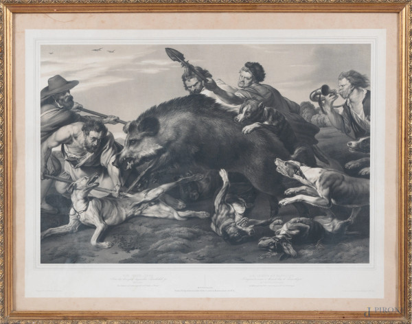 Stampa da Peter Paul Rubens raffigurante la caccia al cinghiale, XX secolo, cm 57,5x73,5, entro cornice, (segni di usura)