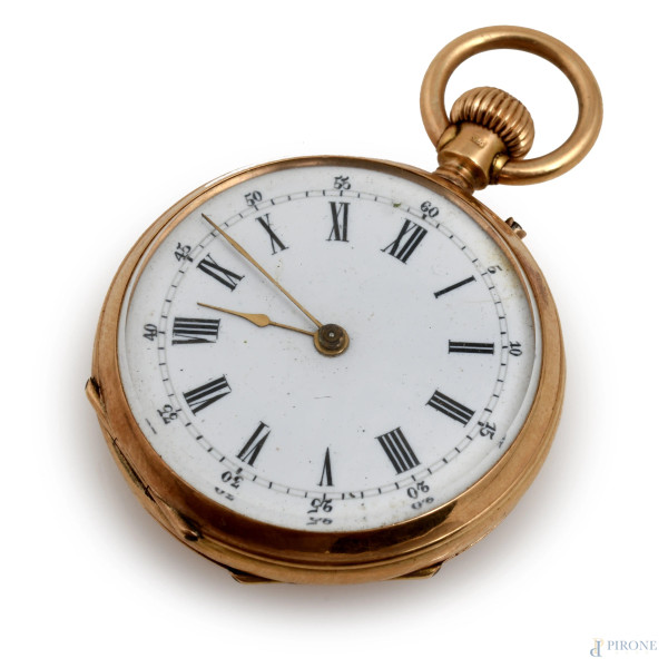 Orologio da tasca in oro 18 kt, cm 3, peso lordo gr 25, (da revisionare)