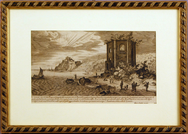 Veduta della citt&#224; di Baia, incisione, cm. 15x26, XVIII secolo, entro cornice.