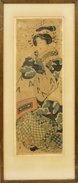 La geisha Aia, multiplo su carta, cm 52,5x18,5, Giappone, XX secolo, entro cornice, (difetti e macchie).