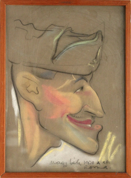 Caricatura di militare, pastello su carta, cm 23 x 32, firmato e datato, entro cornice.
