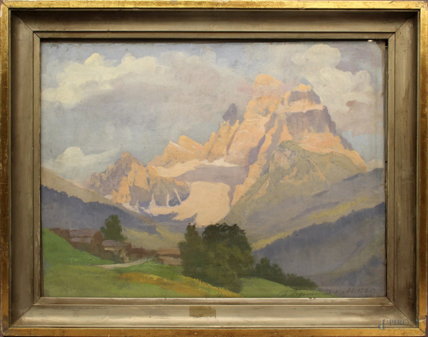 Paesaggio montano, olio su cartoncino, cm 35x46, firmato Francesca Daretti e datato, entro cornice.