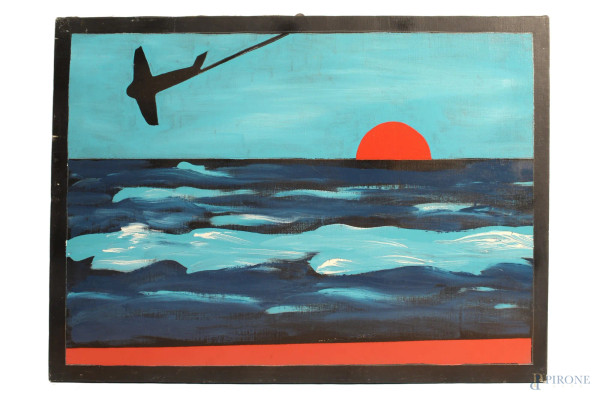 Franco Angeli - Franco Angeli, Aeropittura, dipinto ad olio su tela, cm 50 x 70, entro cornice.