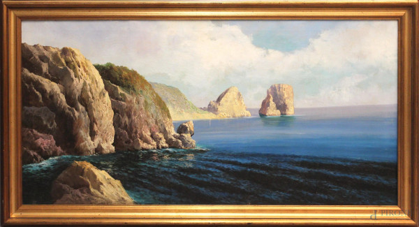 Faraglioni, olio su tela, cm 60x120, firmato e datato Petruolo 1926, entro cornice.