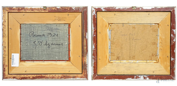 Due dipinti realizzati ad olio su cartone telato raffiguranti spiaggia e scorcio lacustre, cm 15,...