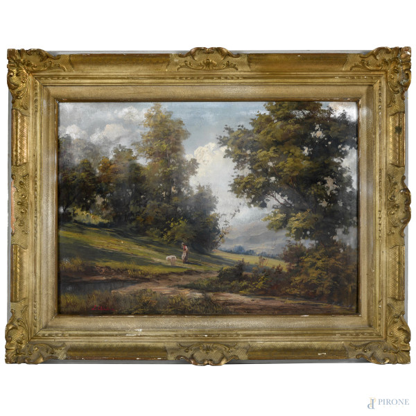 Paesaggio con pastorella e pecora, olio su tela, XIX - XX secolo, cm 50x70, entro cornice,  firmato in basso a sinistra