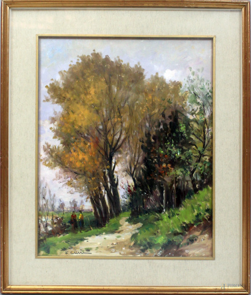 Franco Colella - Sentiero con figure, olio su tavola, cm. 49x39, entro cornice.