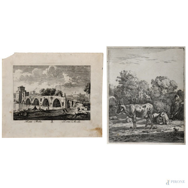 Lotto di due incisioni, raffiguranti Ponte Molle e Armenti con pastore, XIX secolo, misure massime cm 21,5x24,5,  (segni di usura, tracce di umidità, gore, foxing, lacerazioni della carta, tracce di piegatura)