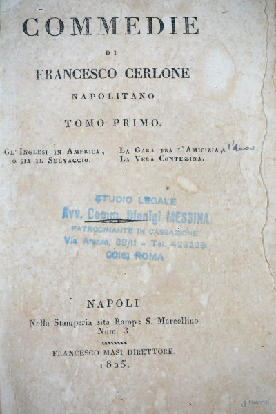 Commedie di Francesco Cerlone, Napoli, Francesco Masi Direttore, XIX secolo, n.9 volumi, (difetti)