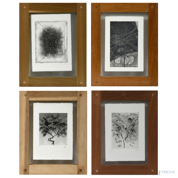 Lotto di quattro incisioni di Guido Strazza, cm 26x18, firmato in basso, varie tirature