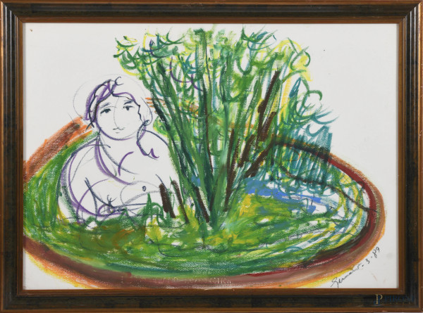 Mimmo Germanà, Senza titolo, tecnica mista su carta, cm 50x70, firmato e datato "3.89" in basso a destra, entro cornice, corredato di certificato di autenticità rilasciato dall'Archivio Generale dell'Opera di Mimmo Germanà