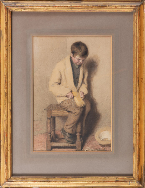 Fanciullo seduto, XIX secolo, tecnica mista su carta, cm 46x34 compreso passepartout, firmato in basso a sinistra, entro cornice, (segni  di usura, lievi tracce di umidità)