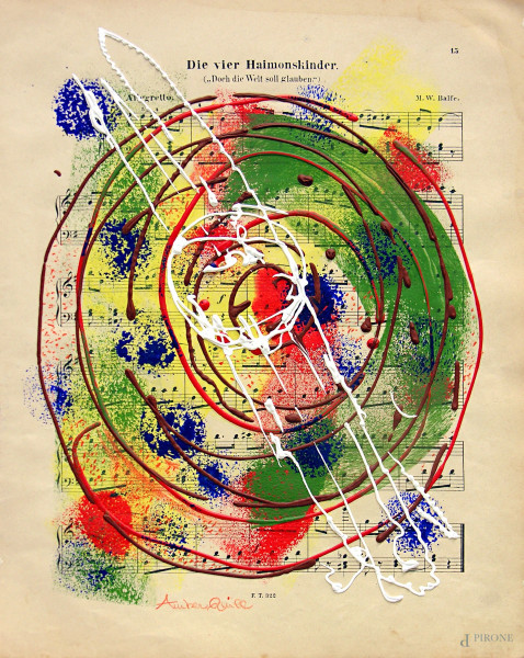 Composizione astratta con vortice, tecnica mista su spartito musicale, cm 33x26, opera del maestro Amber Quill (1989), firmato, con autentica