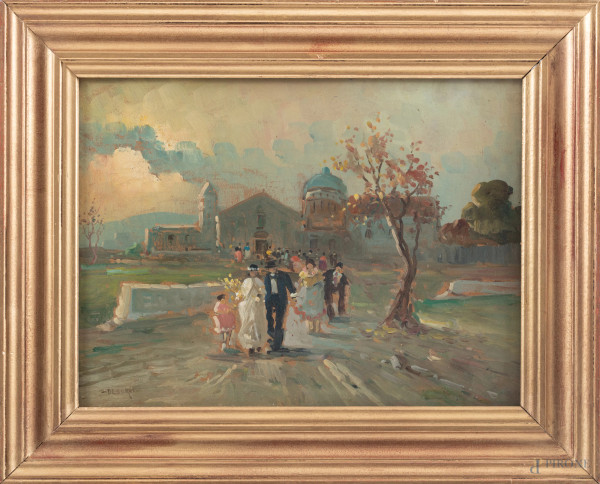 Il matrimonio, XX secolo, olio su faesite, cm 30x40, firmato in basso a sinistra, entro cornice