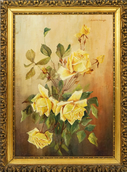 Rose, olio su cartone telato, cm 50x35, firmato in alto a destra, entro cornice.