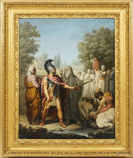 Pittore del XIX secolo, Episodio di storia romana, olio su tela, cm 33,5x43, entro cornice