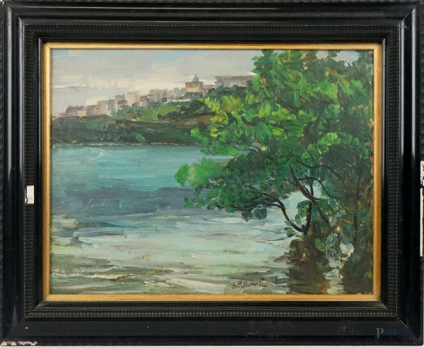 Luigi Petrassi - Veduta del lago di Castel Gandolfo, olio su tavola, cm 27,5x37, entro cornice