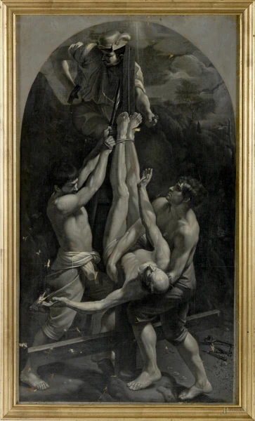 Crocifissione di San Pietro (da Guido Reni), XX secolo, olio su tela foderata a resina su compensato, cm 78x44,5, 3ntro cornice, (difetti)